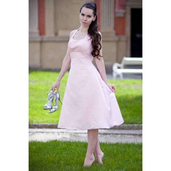 A-line Halter Round Collar Tea Length Chiffon Sleeveless Bridesmaid Dress