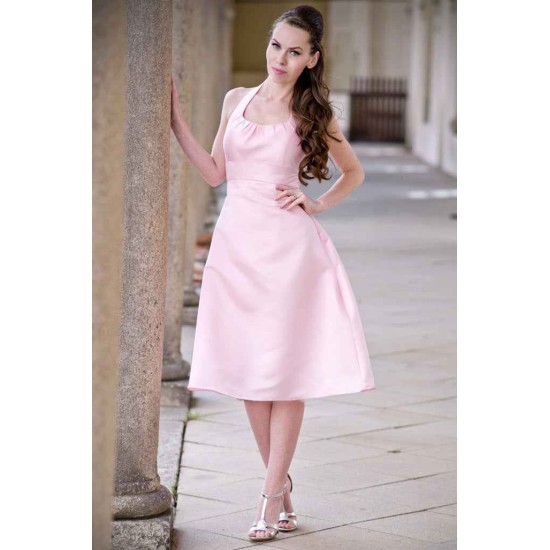 A-line Halter Round Collar Tea Length Chiffon Sleeveless Bridesmaid Dress
