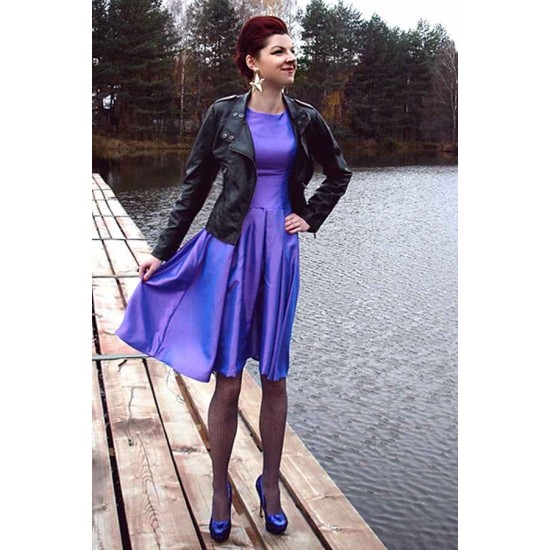 A-line Small Round Collar Knee Length Charmuse Bridesmaid Dress
