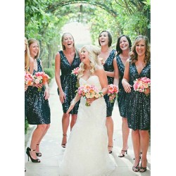 Sequins Sleeveless V-Neck Short Bridesmaid Dress