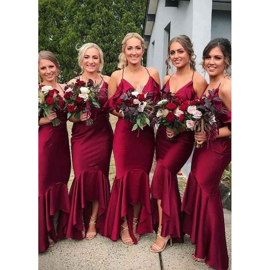 Gorgeous Halter Burgundy V-Neck Bridesmaid Dress With Ruffles