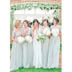 Short Sleeves Sequins Long Chiffon Bridesmaid Dress