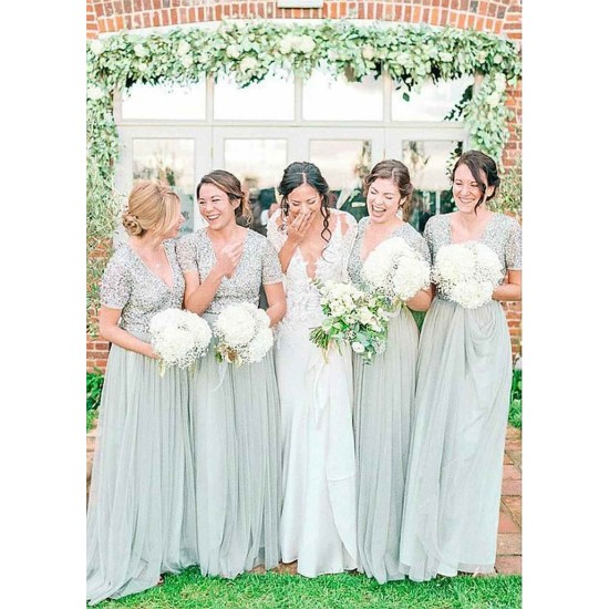 Short Sleeves Sequins Long Chiffon Bridesmaid Dress