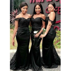 Black Off-the-Shoulder Lace Mermaid Bridesmaid Dress