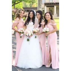 Pink Off-the-Shoulder Long Bridesmaid Dress With Split