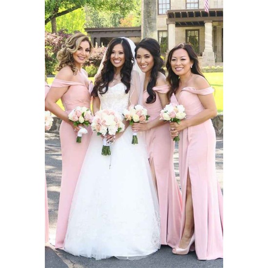 Pink Off-the-Shoulder Long Bridesmaid Dress With Split