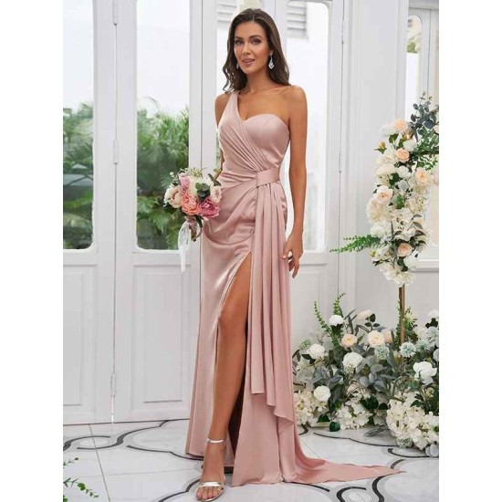 One Shoulder Classic Ruched Sleeveless Bridesmaid Dresses