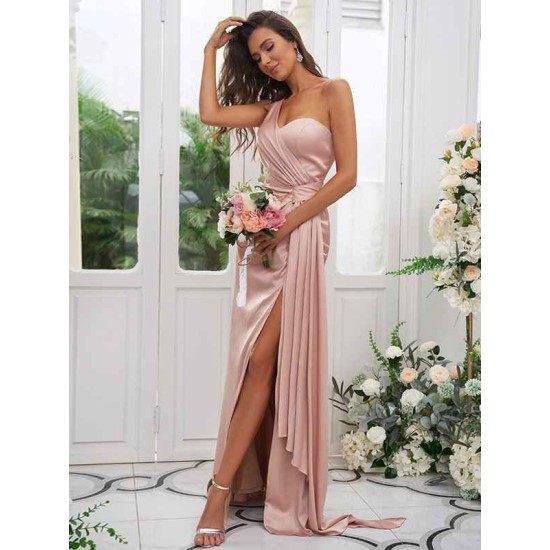 One Shoulder Classic Ruched Sleeveless Bridesmaid Dresses