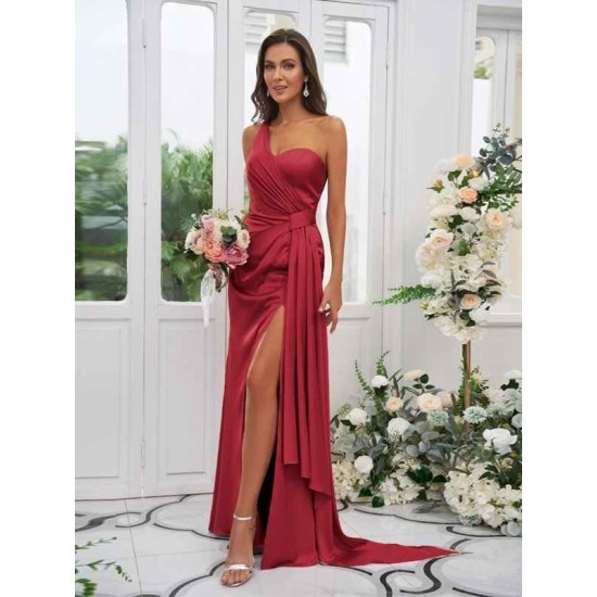 One Shoulder Classic Ruched Sleeveless Bridesmaid Dresses