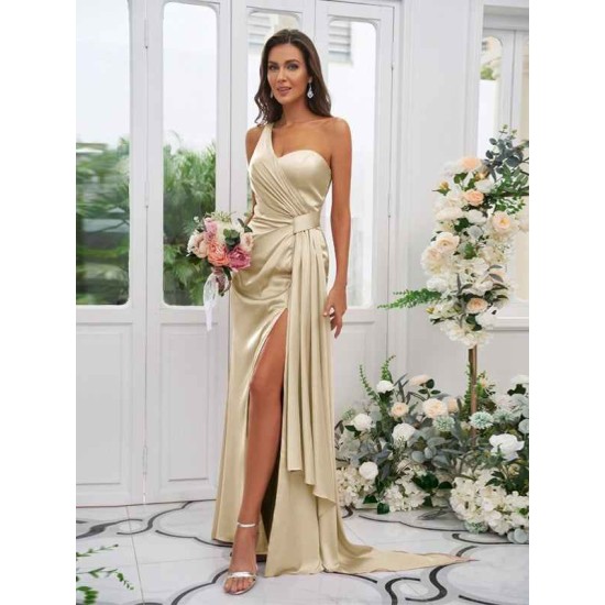 One Shoulder Classic Ruched Sleeveless Bridesmaid Dresses