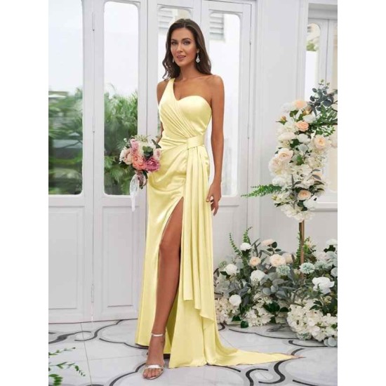 One Shoulder Classic Ruched Sleeveless Bridesmaid Dresses