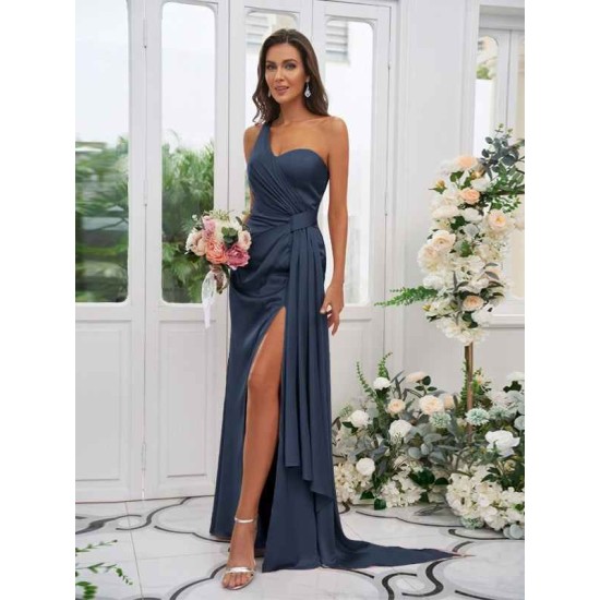 One Shoulder Classic Ruched Sleeveless Bridesmaid Dresses