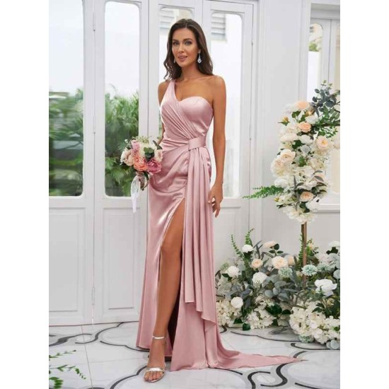 One Shoulder Classic Ruched Sleeveless Bridesmaid Dresses