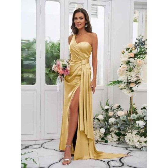 One Shoulder Classic Ruched Sleeveless Bridesmaid Dresses