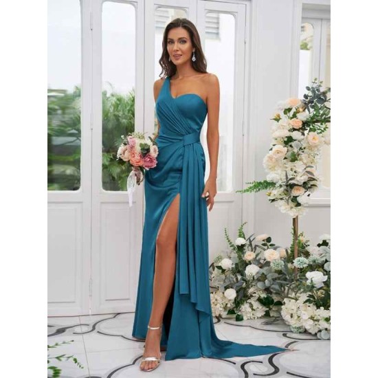 One Shoulder Classic Ruched Sleeveless Bridesmaid Dresses