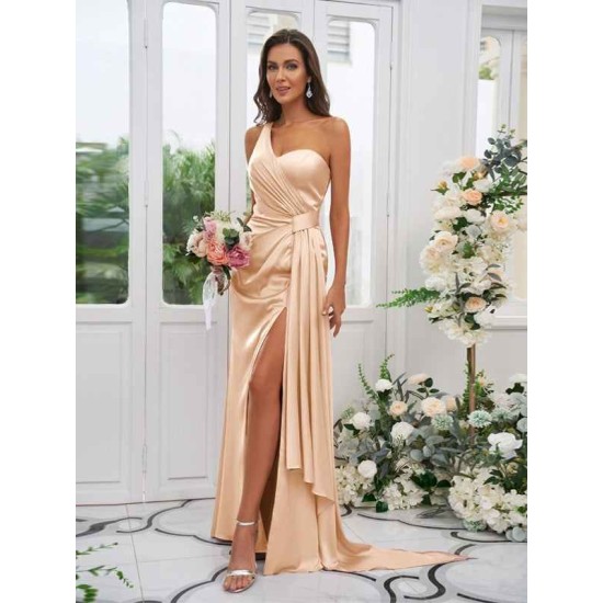 One Shoulder Classic Ruched Sleeveless Bridesmaid Dresses