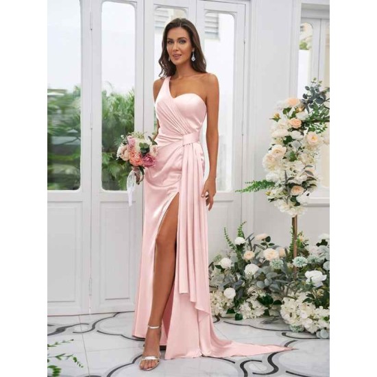 One Shoulder Classic Ruched Sleeveless Bridesmaid Dresses