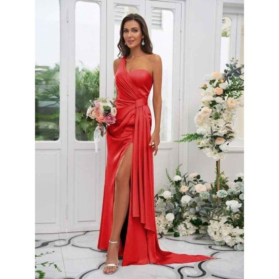 One Shoulder Classic Ruched Sleeveless Bridesmaid Dresses