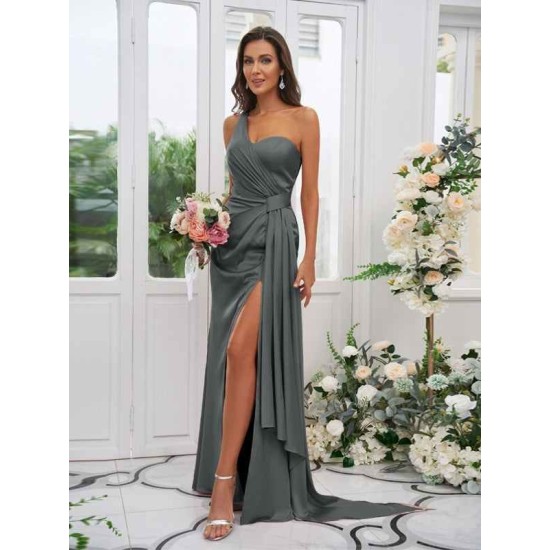One Shoulder Classic Ruched Sleeveless Bridesmaid Dresses