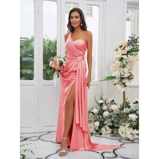 One Shoulder Classic Ruched Sleeveless Bridesmaid Dresses