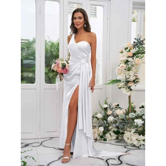 One Shoulder Classic Ruched Sleeveless Bridesmaid Dresses