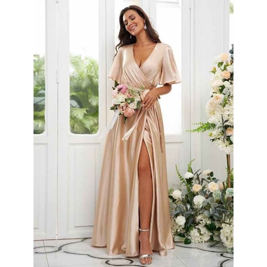 V-Neck Elegant Short Sleeves Bridesmaid Dresses