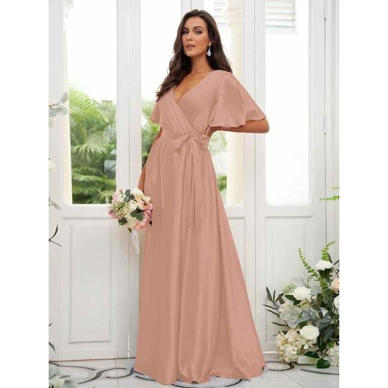 V-Neck Elegant Short Sleeves Bridesmaid Dresses