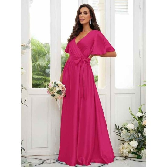 V-Neck Elegant Short Sleeves Bridesmaid Dresses