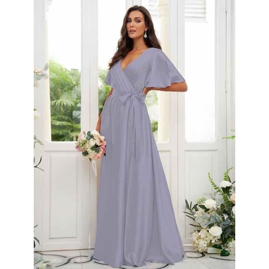 V-Neck Elegant Short Sleeves Bridesmaid Dresses