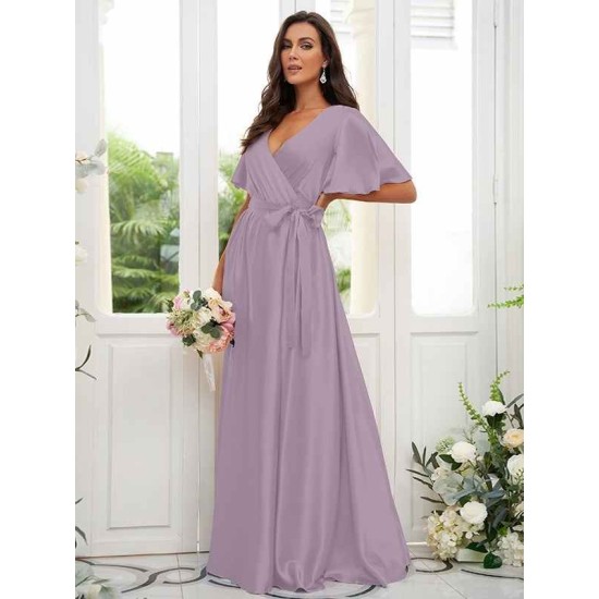 V-Neck Elegant Short Sleeves Bridesmaid Dresses