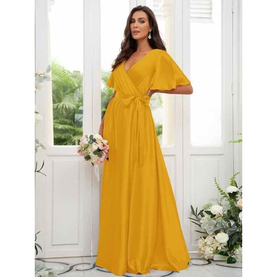 V-Neck Elegant Short Sleeves Bridesmaid Dresses
