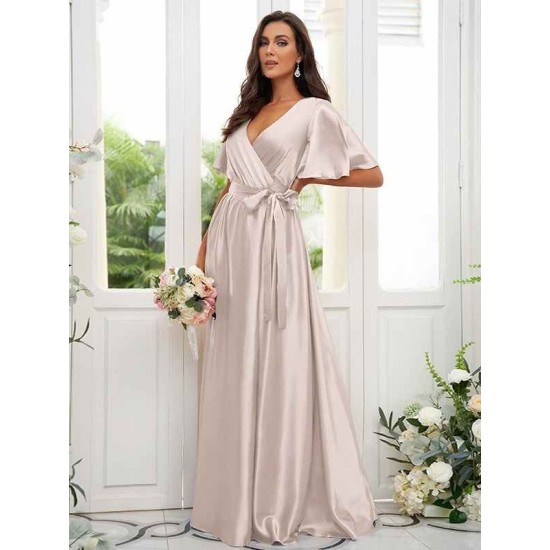 V-Neck Elegant Short Sleeves Bridesmaid Dresses