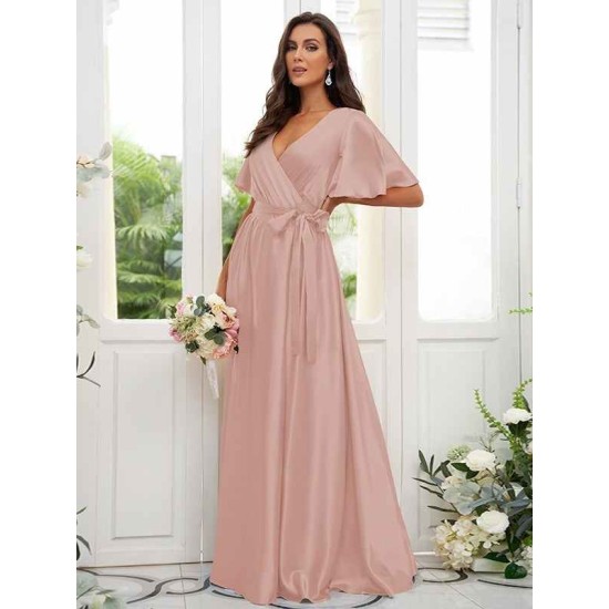 V-Neck Elegant Short Sleeves Bridesmaid Dresses