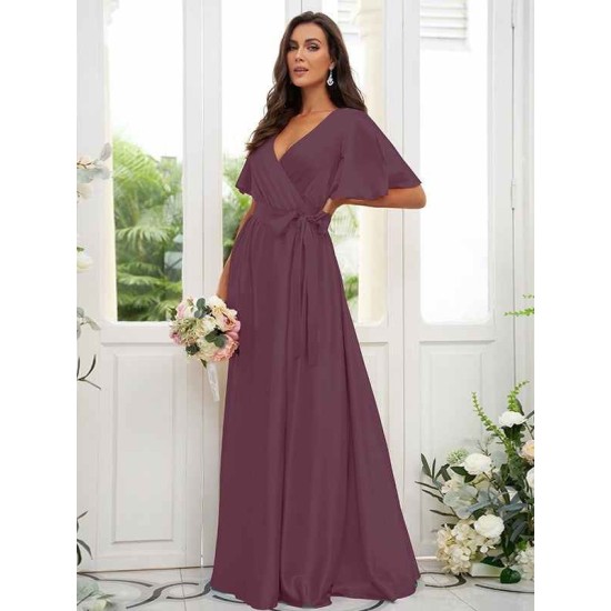 V-Neck Elegant Short Sleeves Bridesmaid Dresses