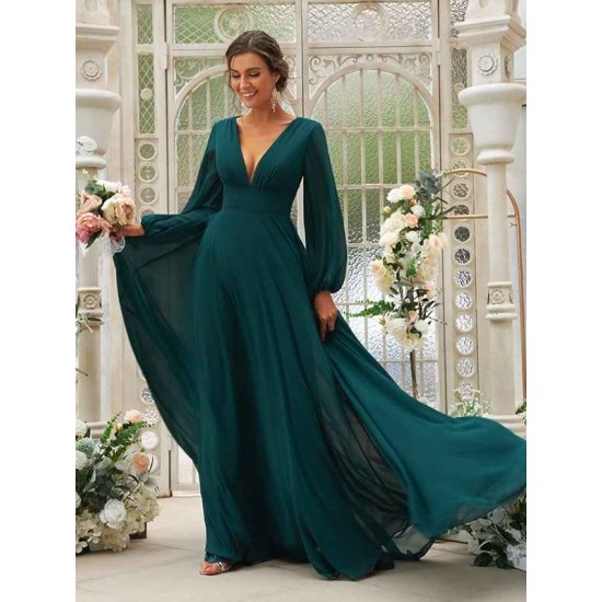 Amazing Chiffon Ruffles V-neck Long Sleeves Bridesmaid Dresses