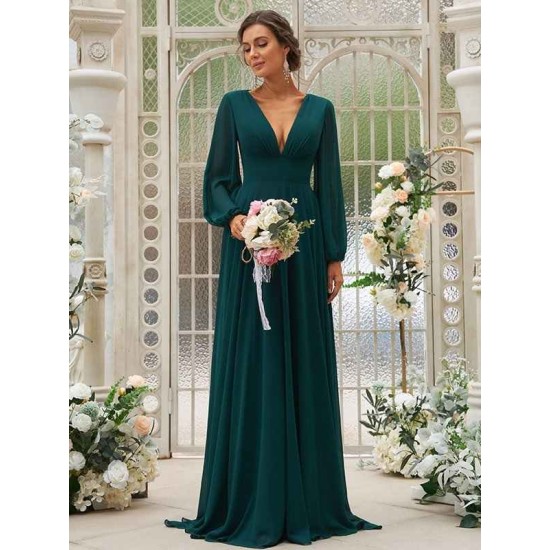 Amazing Chiffon Ruffles V-neck Long Sleeves Bridesmaid Dresses