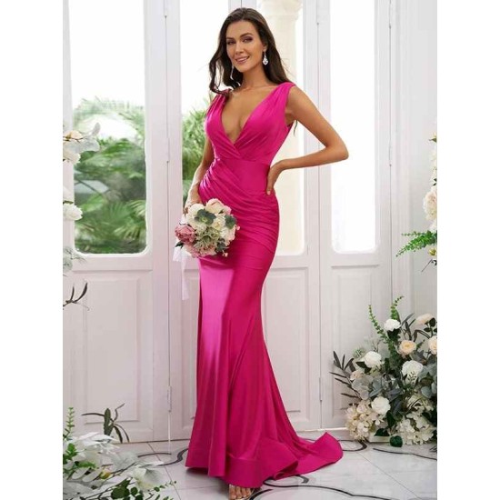 Mermaid Gorgeous Jersey Ruched V-neck Sleeveless Bridesmaid Dresses