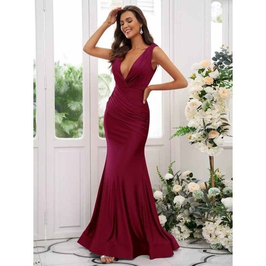 Mermaid Gorgeous Jersey Ruched V-neck Sleeveless Bridesmaid Dresses