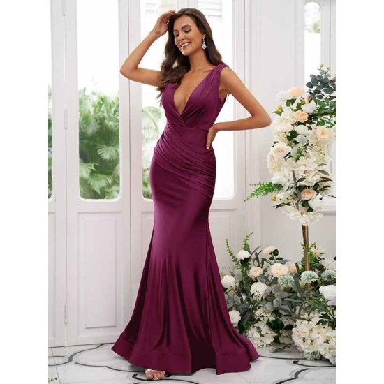 Mermaid Gorgeous Jersey Ruched V-neck Sleeveless Bridesmaid Dresses