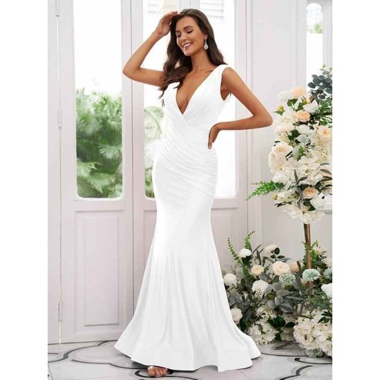Mermaid Gorgeous Jersey Ruched V-neck Sleeveless Bridesmaid Dresses