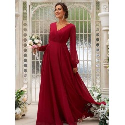 Classy Ruched Chiffon V-neck Long Sleeves Bridesmaid Dresses