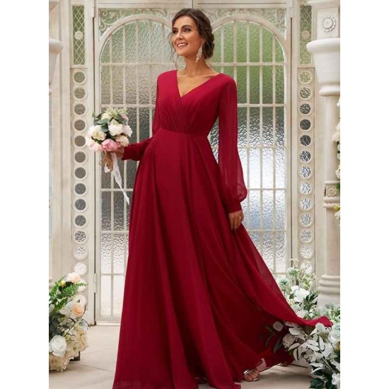 Classy Ruched Chiffon V-neck Long Sleeves Bridesmaid Dresses