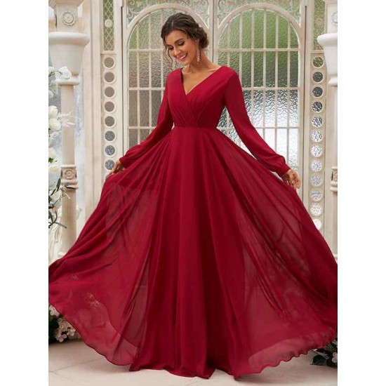 Classy Ruched Chiffon V-neck Long Sleeves Bridesmaid Dresses