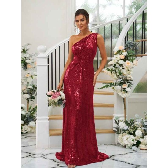 Modern Ruched Sequins One Shoulder Sleeveless Bridesmaid Dresses
