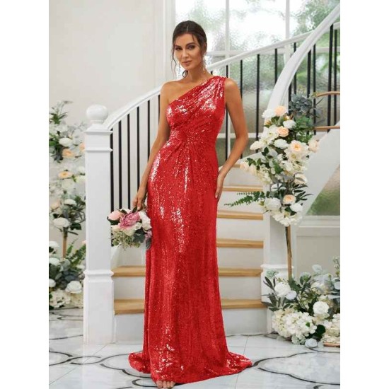 Modern Ruched Sequins One Shoulder Sleeveless Bridesmaid Dresses
