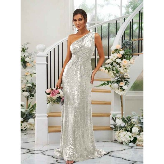 Modern Ruched Sequins One Shoulder Sleeveless Bridesmaid Dresses