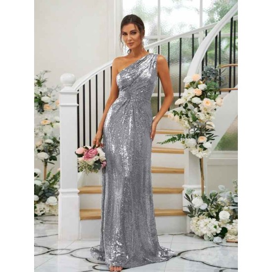 Modern Ruched Sequins One Shoulder Sleeveless Bridesmaid Dresses