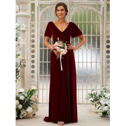 Charming Velvet Ruched V-neck Short Sleeves Bridesmaid Dresses