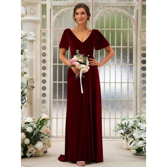 Charming Velvet Ruched V-neck Short Sleeves Bridesmaid Dresses