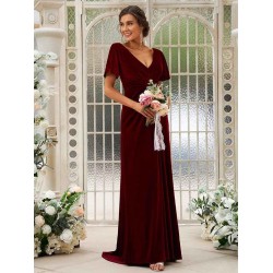 Charming Velvet Ruched V-neck Short Sleeves Bridesmaid Dresses